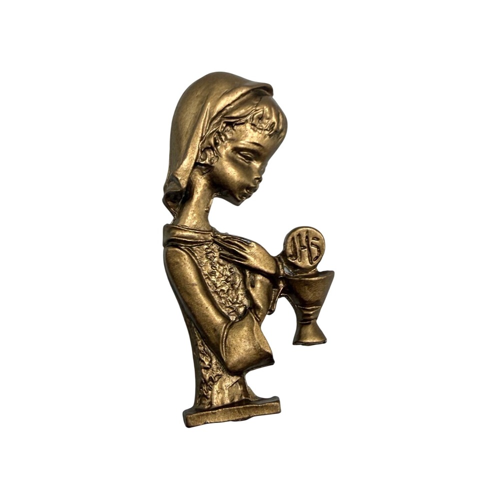 Vintage Religious Girl First Holy Communion Eucharist JHS Gold Tone Plaque 2.25"